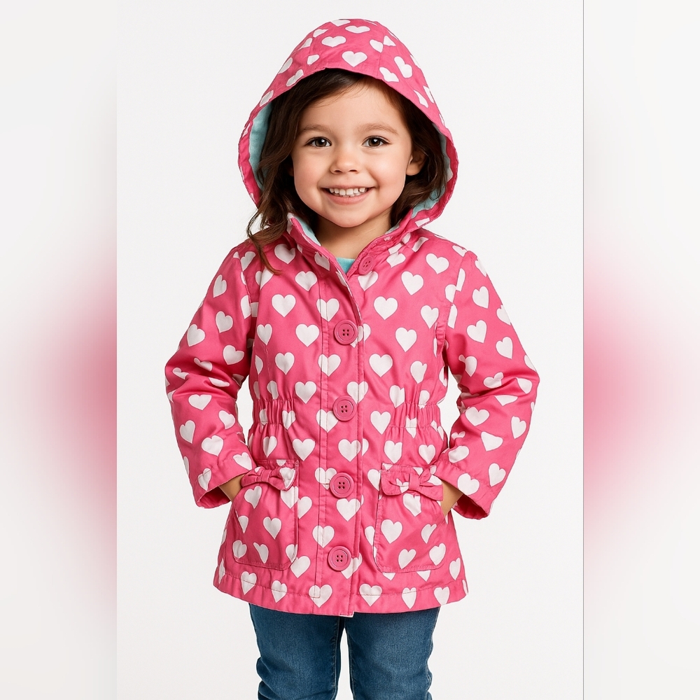 Pink Platinum Heart Print Hooded Raincoat Jacket 4 Pink White Bow Pockets Cozy L